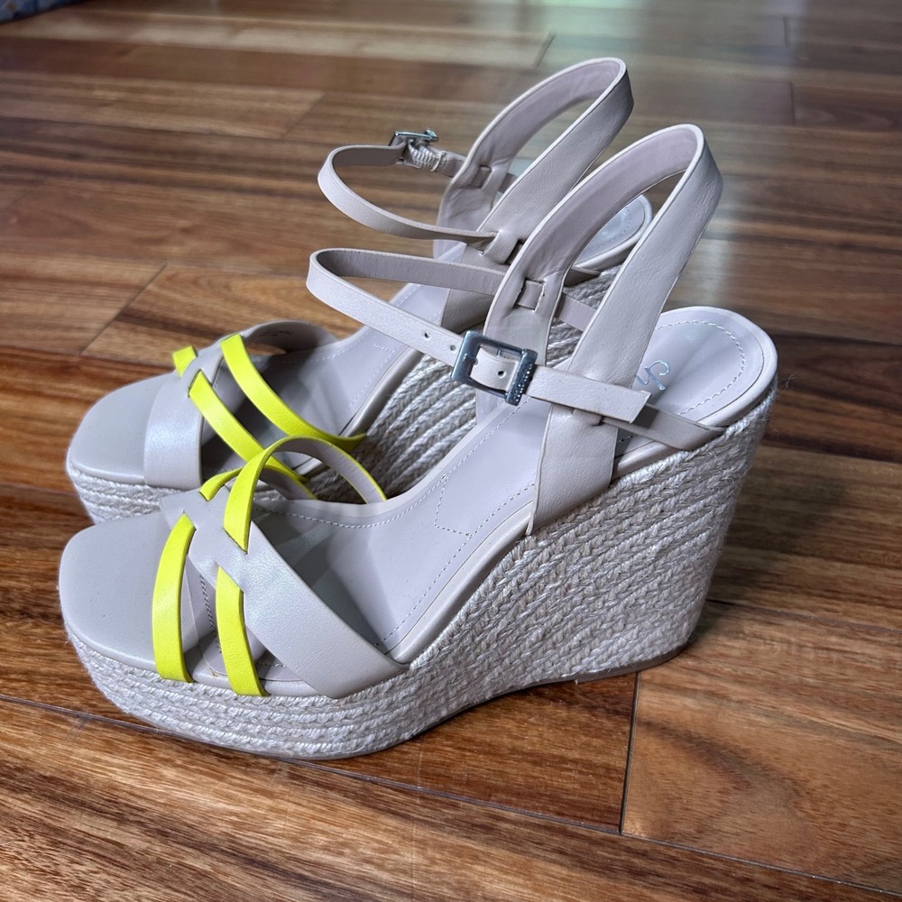 Charles by Charles David Womens Beige Neon Yellow Espadrille Platform Wedges